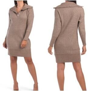 Cupcakes and Cashmere Ribbed‎ Knit Quarter Zip Sweater Dress Taupe Medium